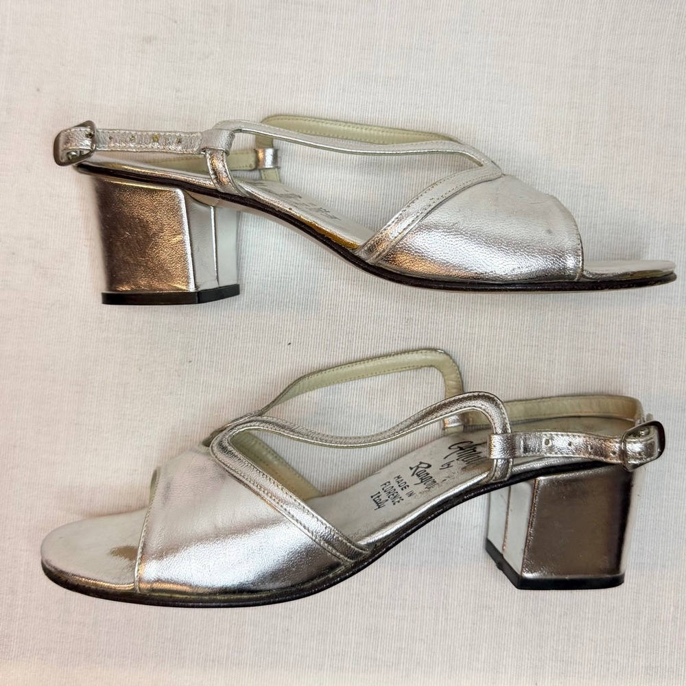 Amalfi Rangoni Vintage Metallic Leather Slingback Block Heels Made in Italy 6M